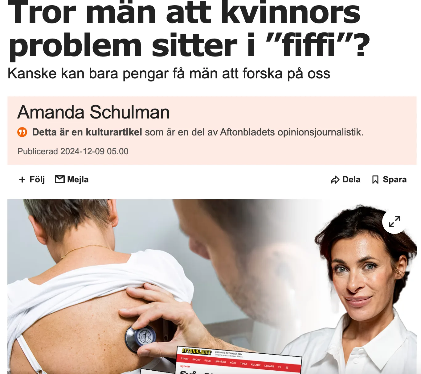 Skärmdump av Amanda Schulmans artikel i Aftonbladet