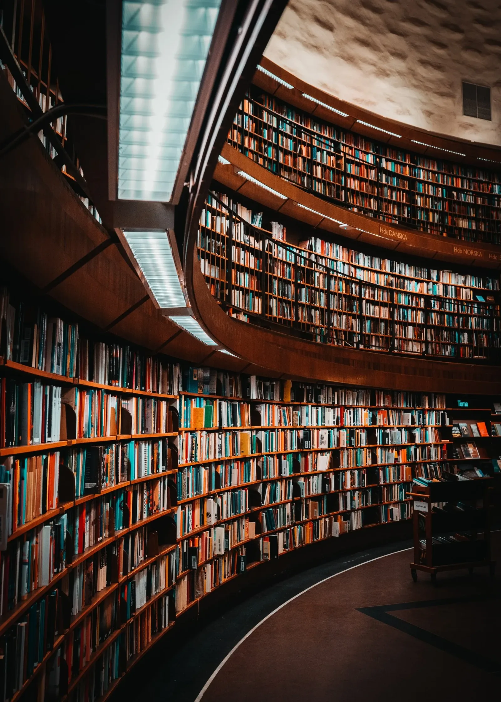 Höga bokhyllor fyllda med böcker i ett bibliotek